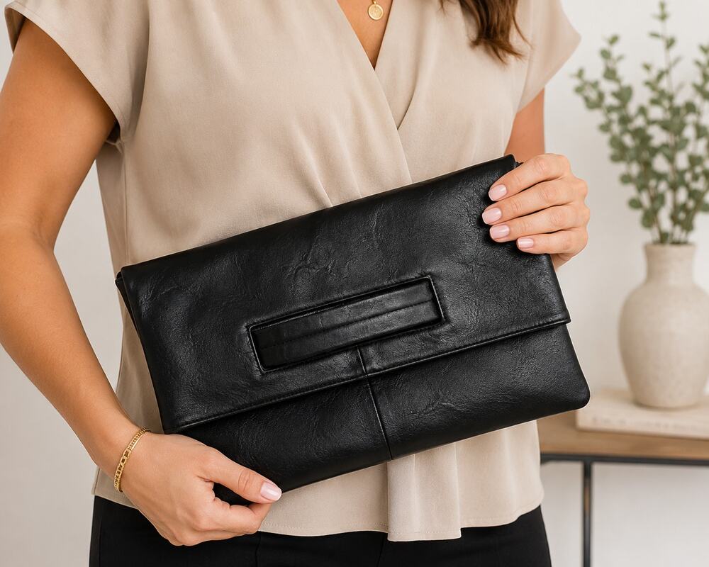 NWOT Black Vegan Leather Foldover Clutch Large Envelope Bag